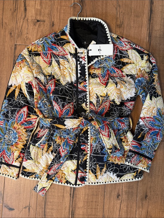 7 For All Mankind Jackets & Blazers - 7 For All Mankind Quilted Floral Belted Jacket - Black Multi